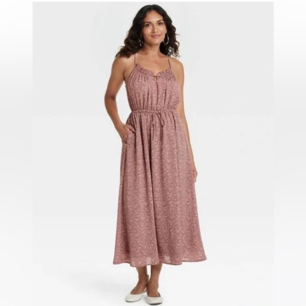 Universal Thread Women’s Dress Tie Waist Midi A Line Dress Mauve Floral NWT - Picture 1 of 6